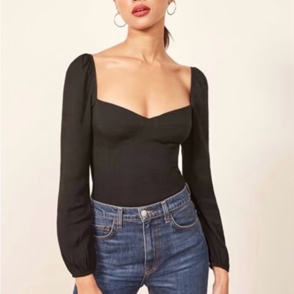 Reformation Reign Black Long Sleeve Smocked Crop Blouse Top